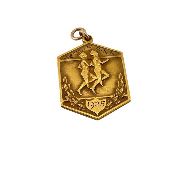 Antique 1925 W.C.P.I.S.A.A. Pentagonal Sports Medal Gold Plated Pendant - Picture 2 of 7